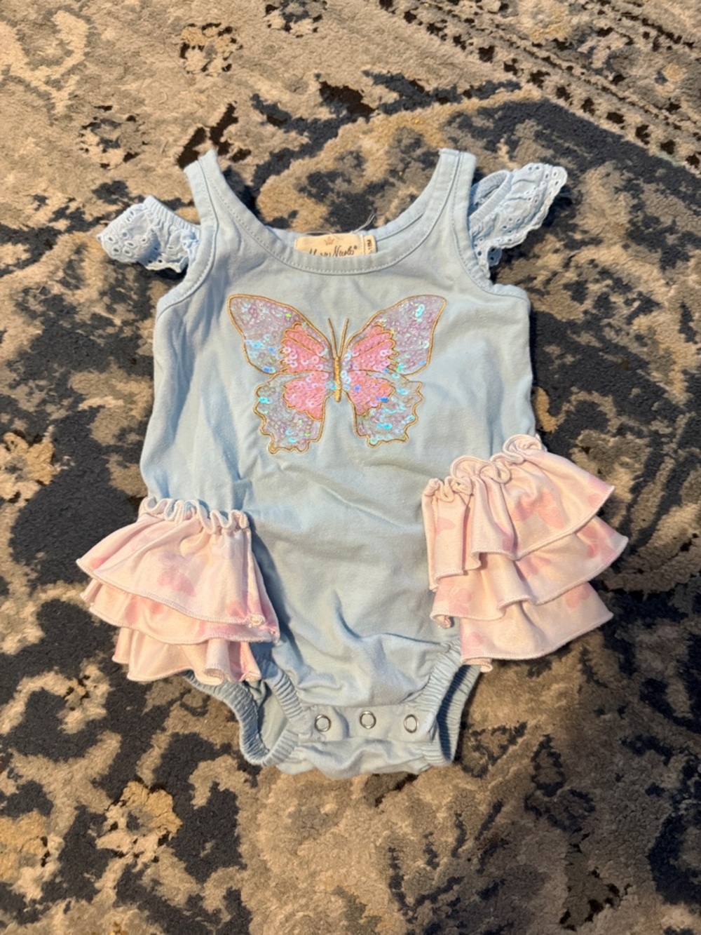 Baby Girls Light Blue Butterfly Ruffle Bodysuit with Pink Accents